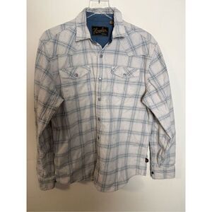 Howler Bros Shirt Men's Medium Ivory/Blue Plaid Snap Long Sleeve Collared Shacke
